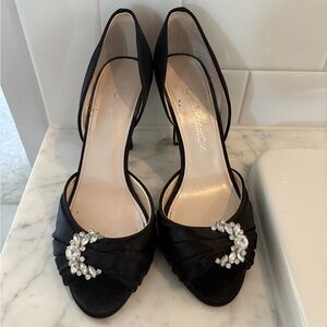 Caparros Black Satin Heels with Crystal Embellishment